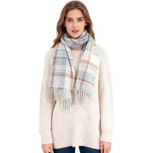 Women Cream Blue Check Winter Warm Shawl Wraps Tartan Blanket Oversized Scarves